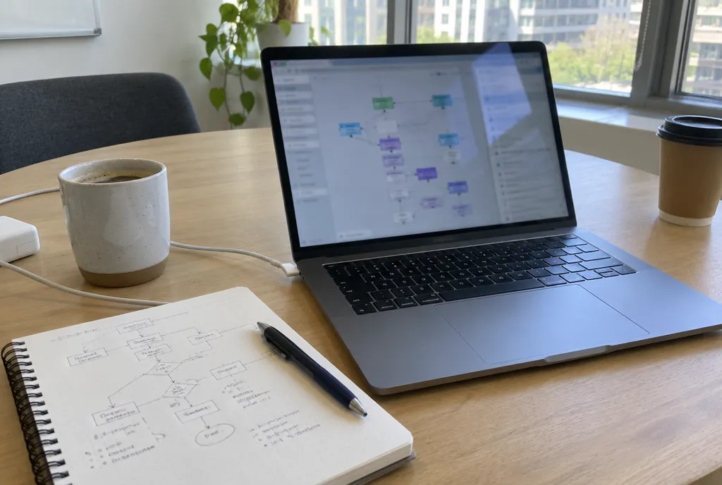 Vergadertafel in een klein kantoor met een laptop, een notitieboek met een schets van een proces en twee koffiekopjes