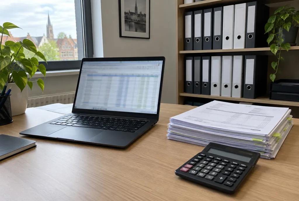 Een bureau in een klein boekhoudkantoor met ordners, een laptop en een stapel facturen