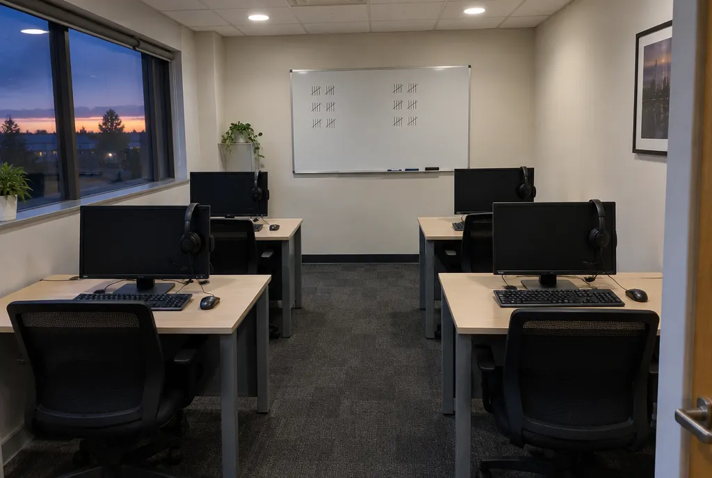 Een kleine belruimte met headsets op de bureaus