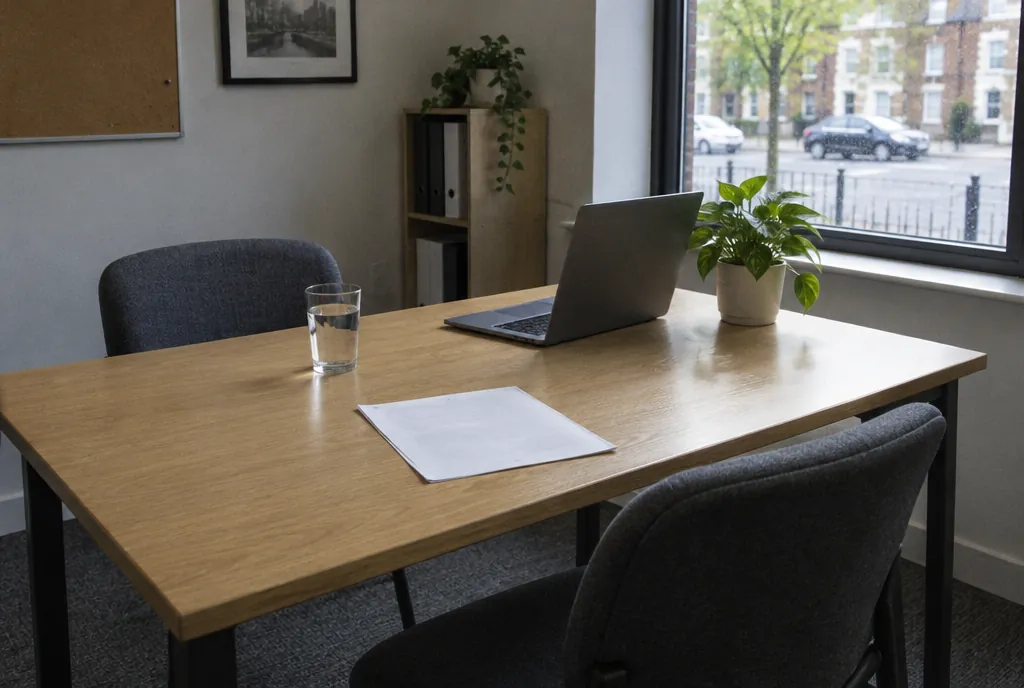 Een gesprekstafel in een klein recruitmentkantoor