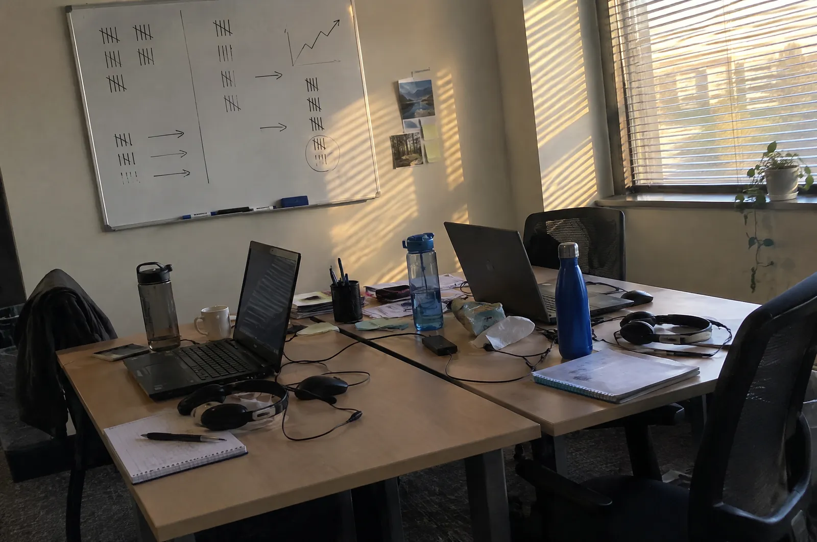 Laptop met een bellijst, een headset en een kop koffie op een bureau