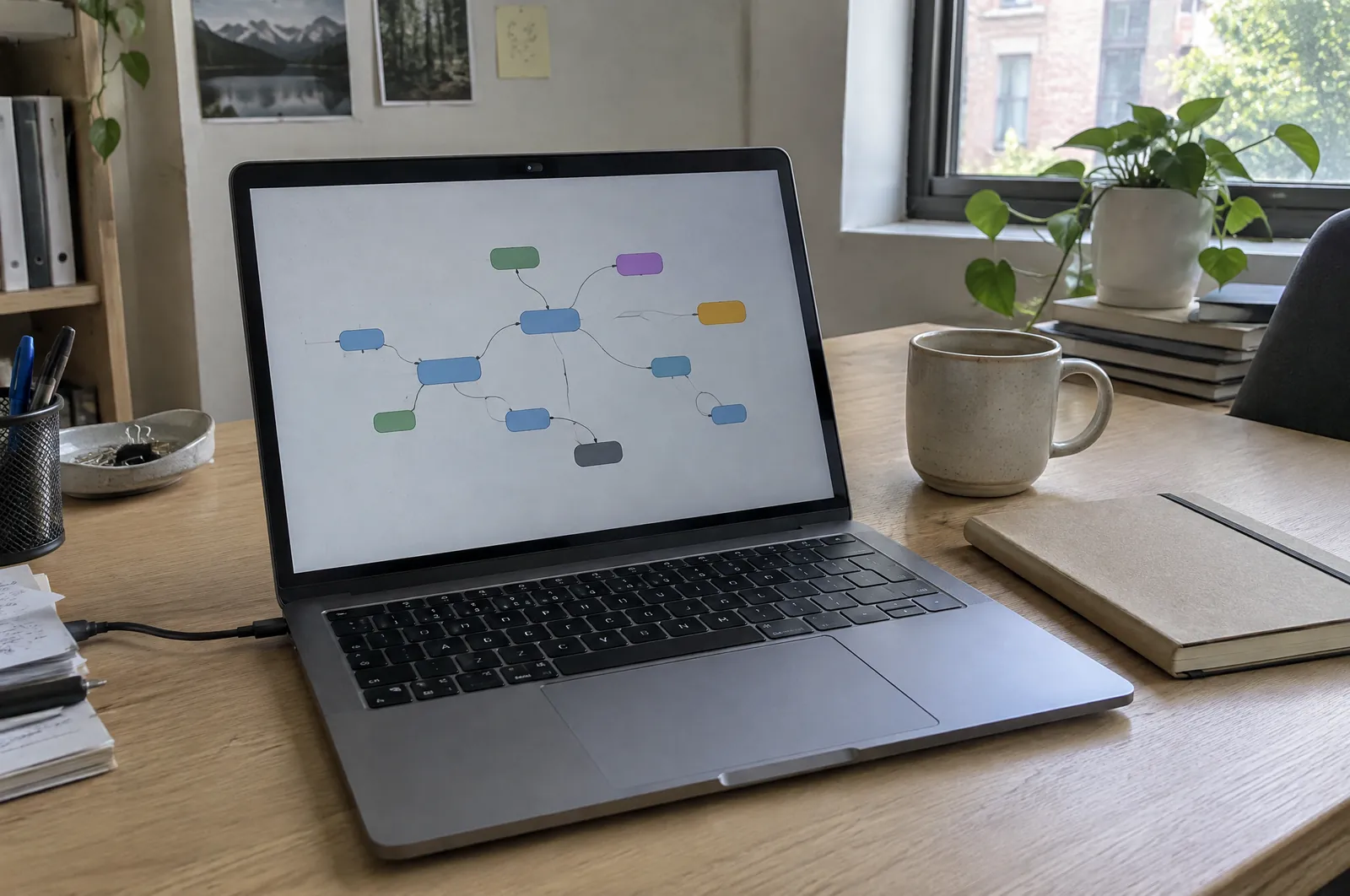Laptop met een schema van verbonden blokken op het scherm, op een bureau naast een notitieboek