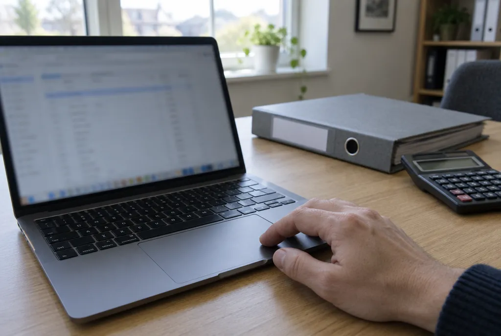 Laptop op een bureau in een klein kantoor met een abstract schema van twee verbonden blokken op het scherm, een gesloten ordner en een rekenmachine ernaast