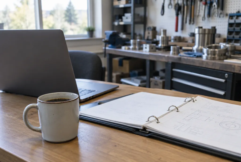 Een laptop op een bureau in een werkplaats met een open map en een kop koffie