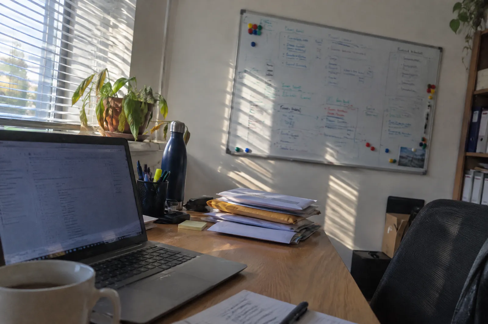 Een kantoor van een kleine onderneming met een laptop, een planbord met magneten en een stapel post