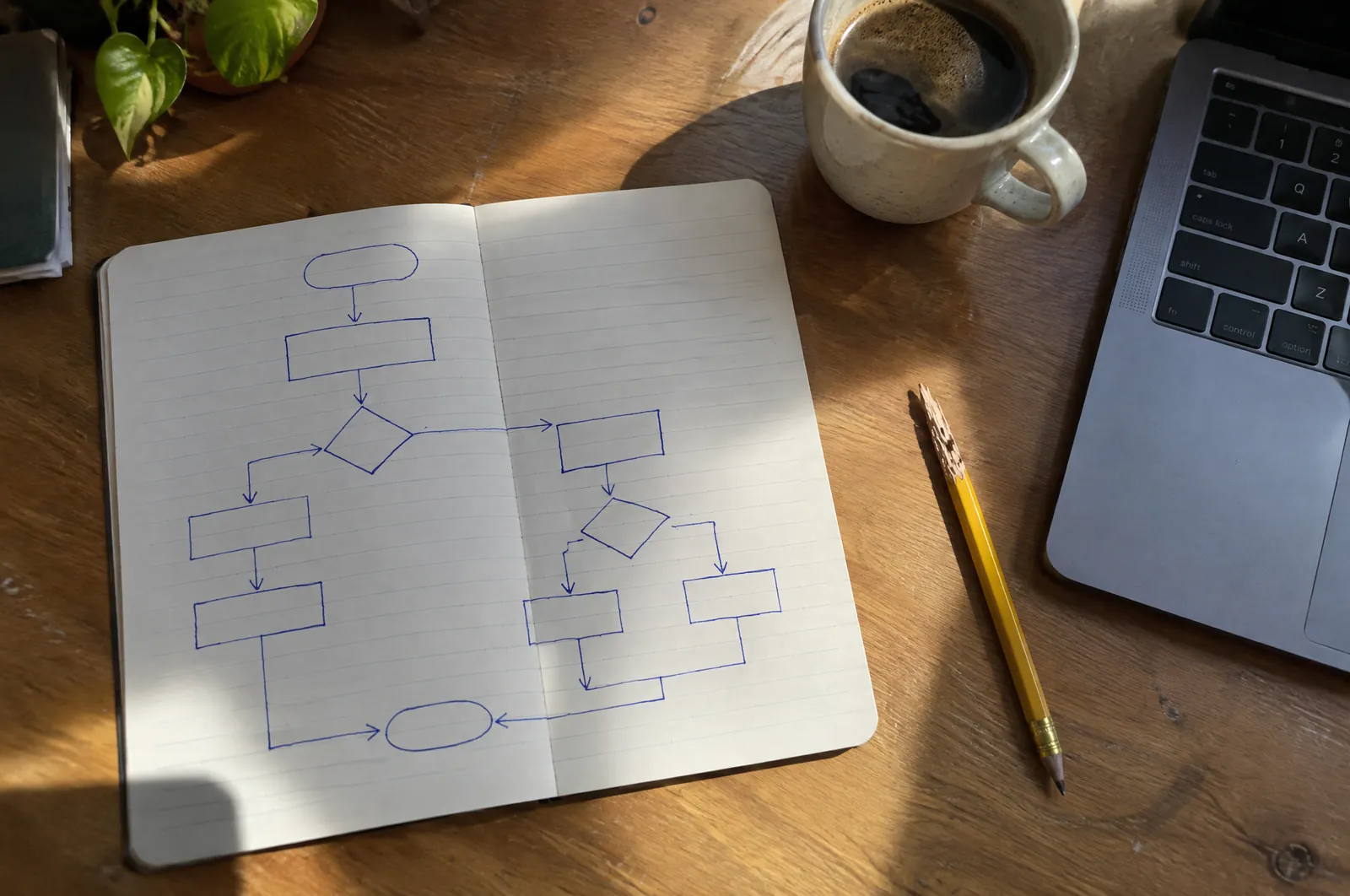 Notitieboek met een getekend stroomschema naast een laptop op een houten bureau