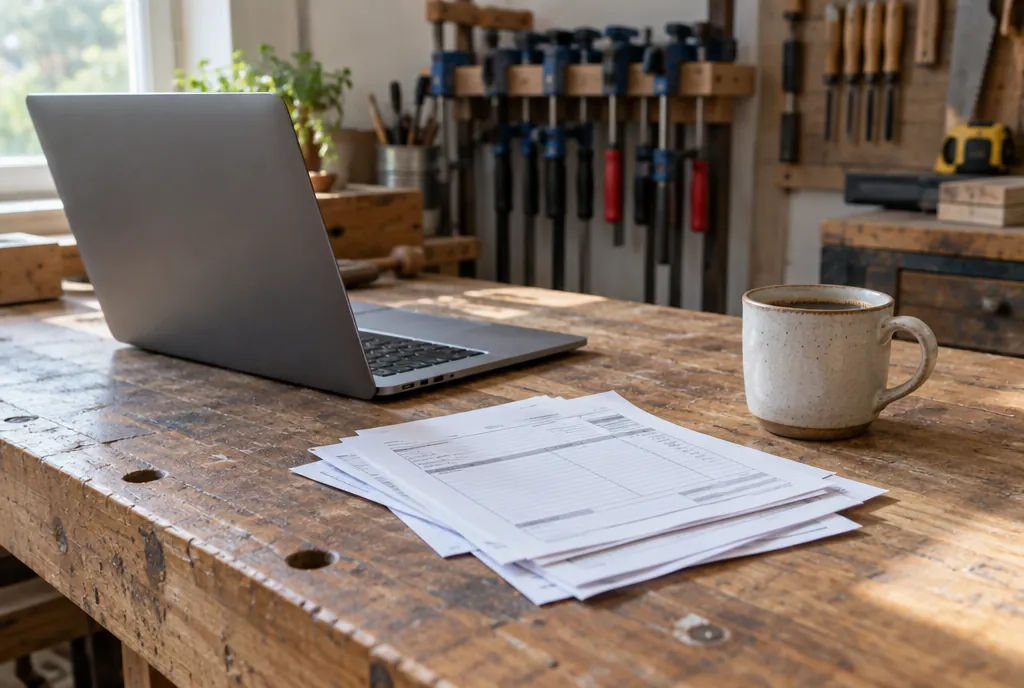 Een laptop, een stapel facturen en een kop koffie op een werkbank in een kleine werkplaats, met daglicht van opzij