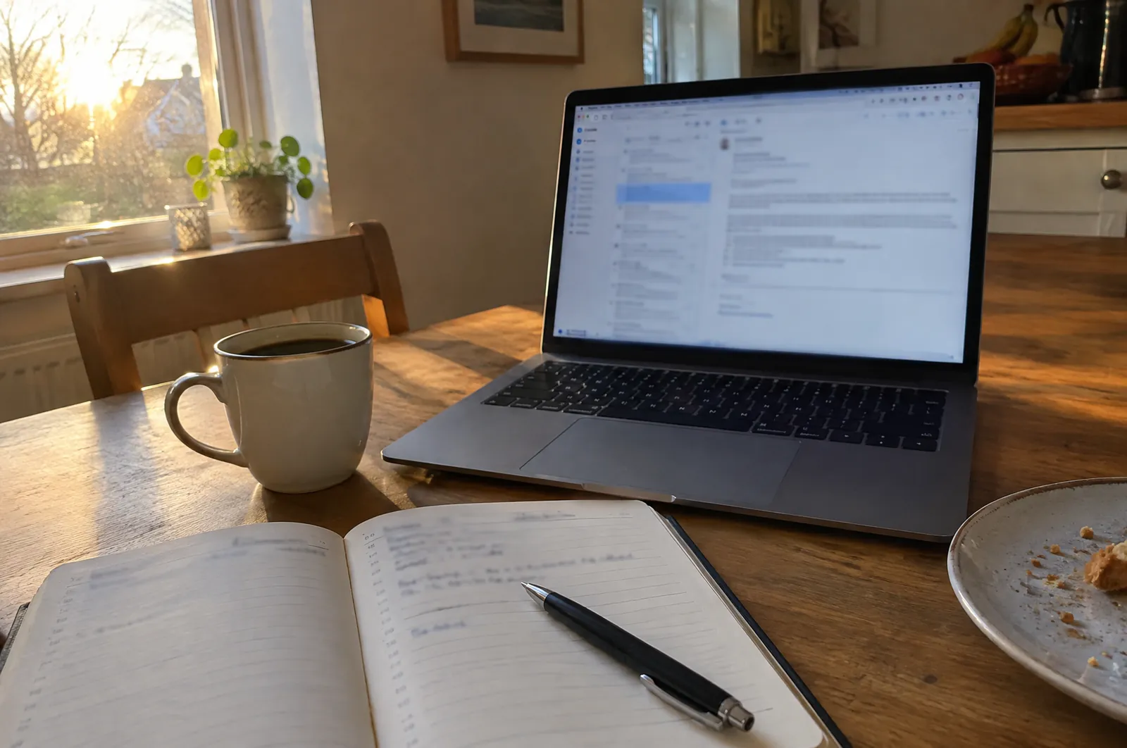 Een laptop met een mailprogramma op een bureau naast een opengeslagen agenda en een pen, in zacht ochtendlicht