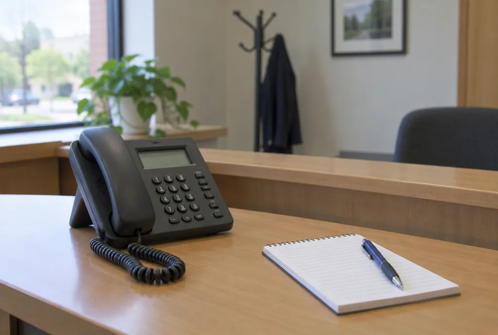 Een vaste telefoon en een notitieblok op een lege receptiebalie met daglicht