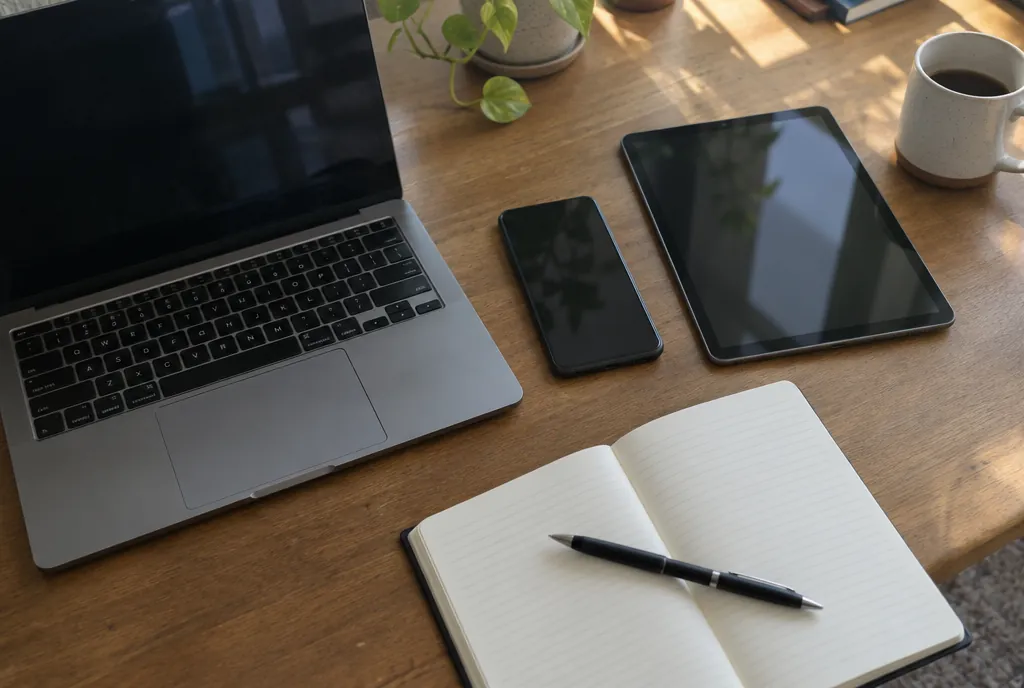 Een laptop, een smartphone en een opengeslagen notitieboek naast elkaar op een bureau, in zacht middaglicht