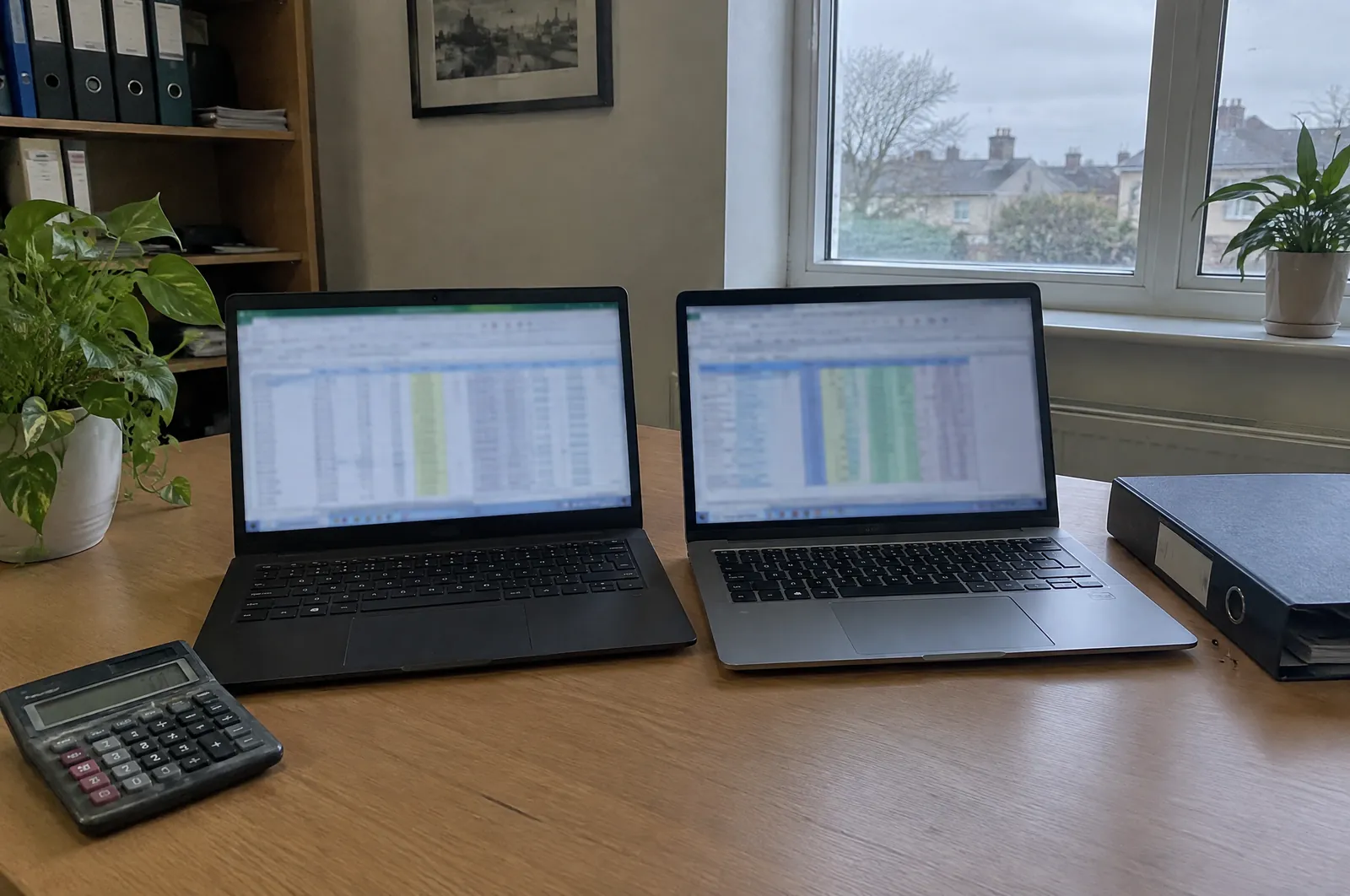 Twee laptops naast elkaar op een kantoorbureau, met een rekenmachine en een gesloten ordner