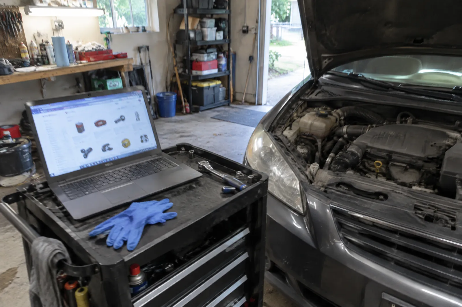 Laptop op een werkbank in een garage, met een open motorkap op de achtergrond