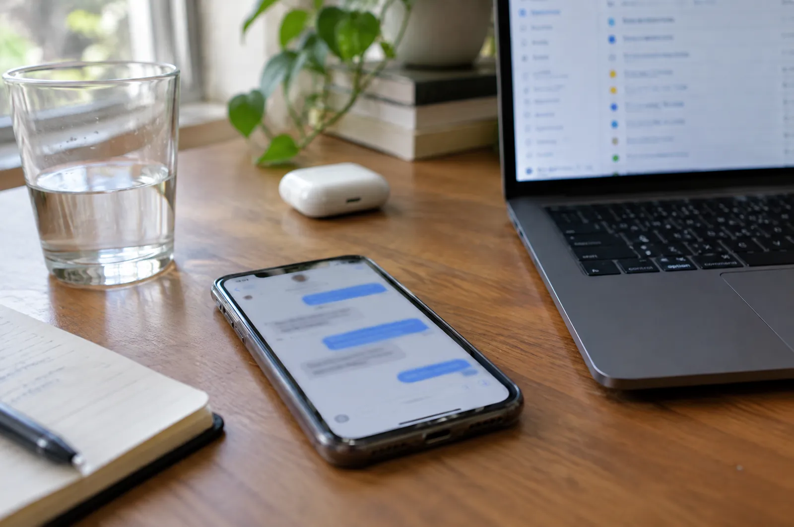 Een bureau met een smartphone met een chatvenster en een laptop met een takenoverzicht