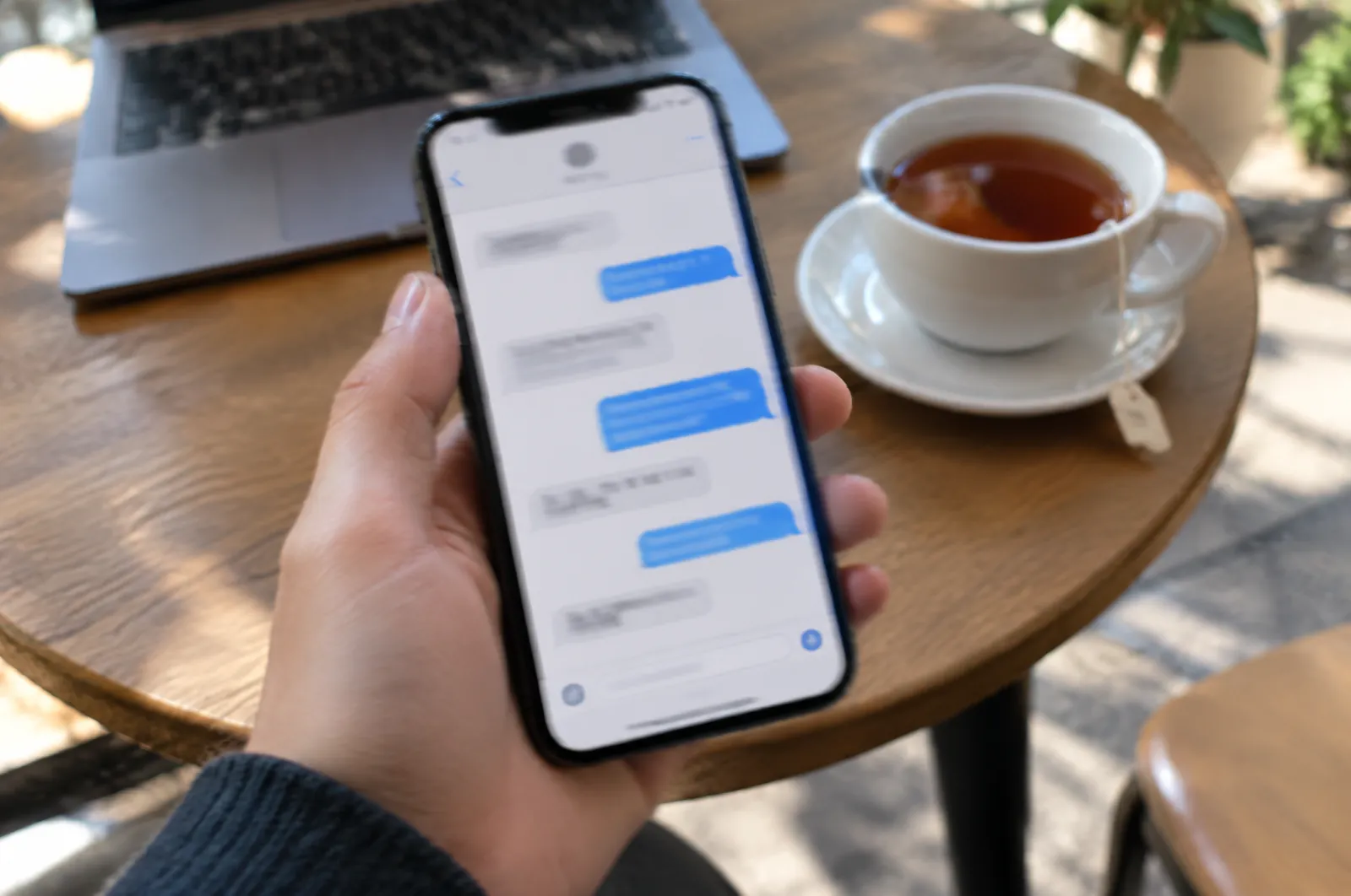 Een smartphone met een chatvenster op een houten tafel naast een laptop en een kop thee