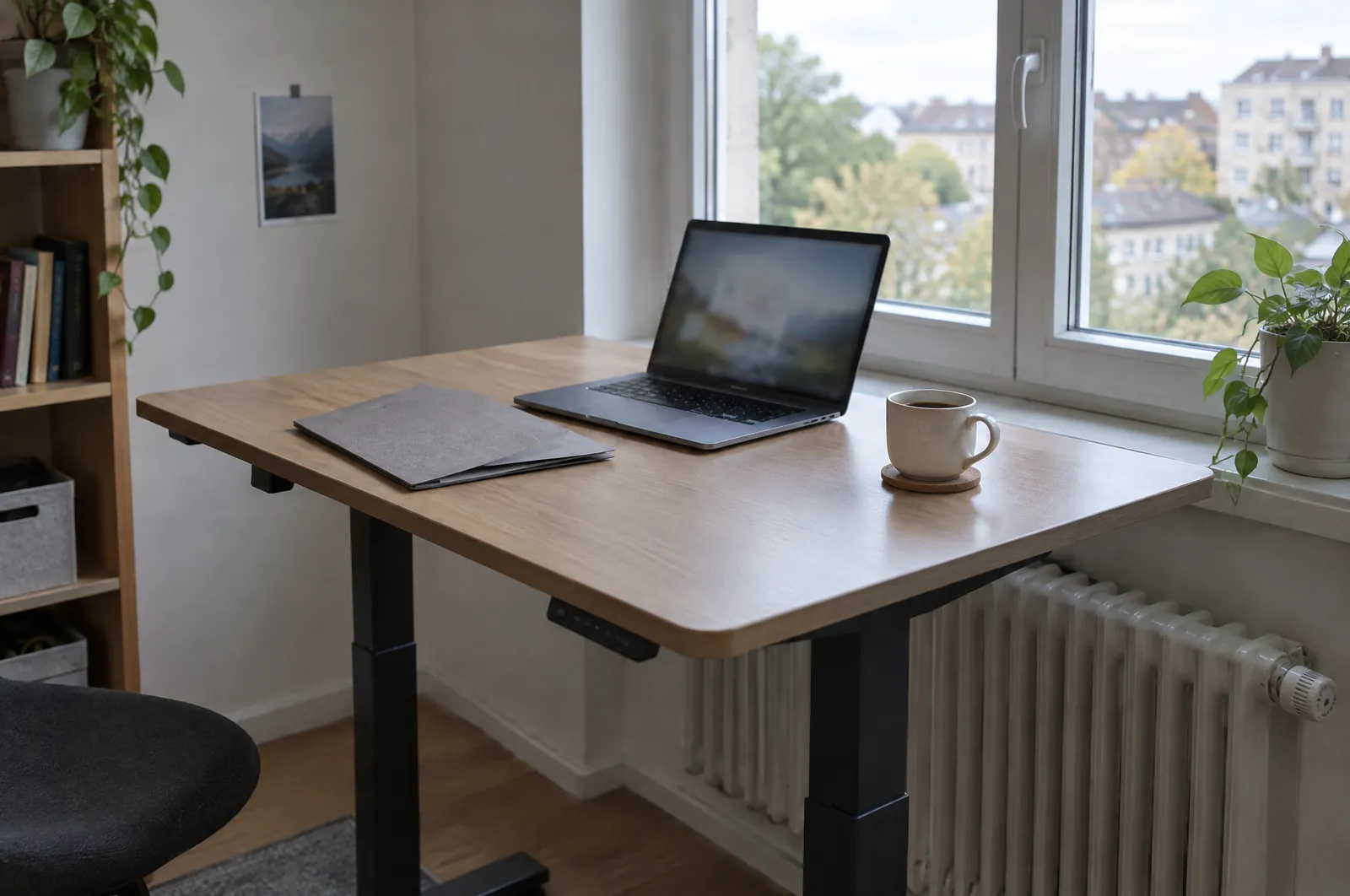 Laptop op een bureau naast een gesloten map en een kop koffie, in zacht daglicht