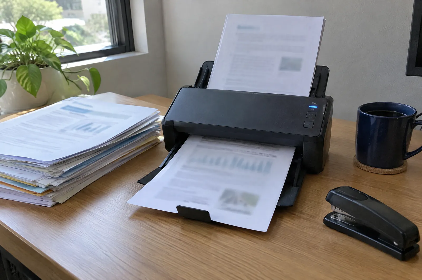 Een scanner op een kantoorbureau met een stapel papieren documenten