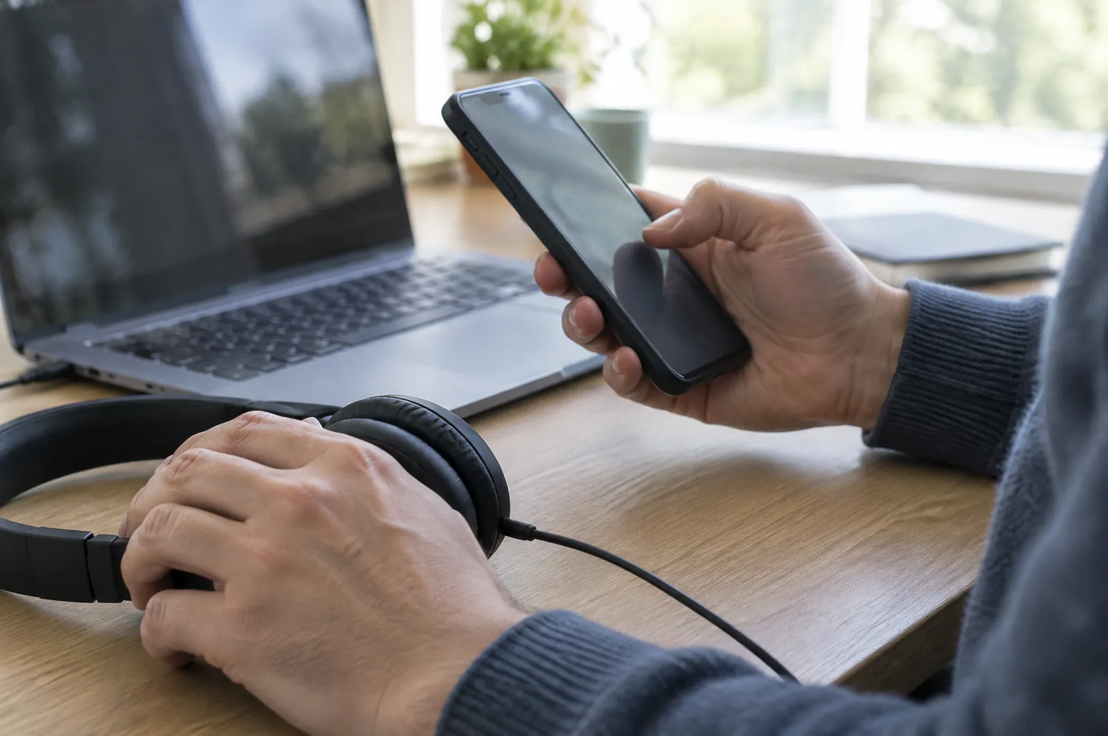 Handen met een smartphone boven een bureau met een headset en een laptop