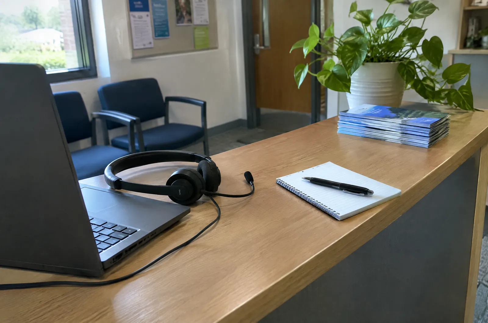 Een headset en een notitieblok naast een laptop op een rustig kantoorbureau bij daglicht