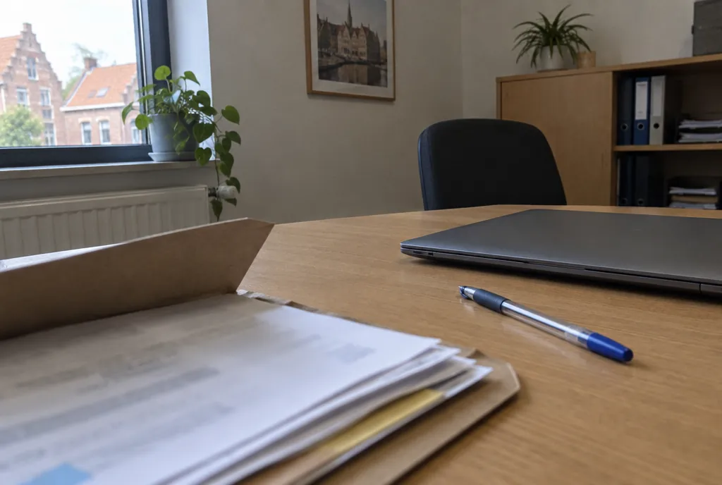 Een opengeslagen map met papieren, een balpen en een laptop op een houten bureau in een klein kantoor