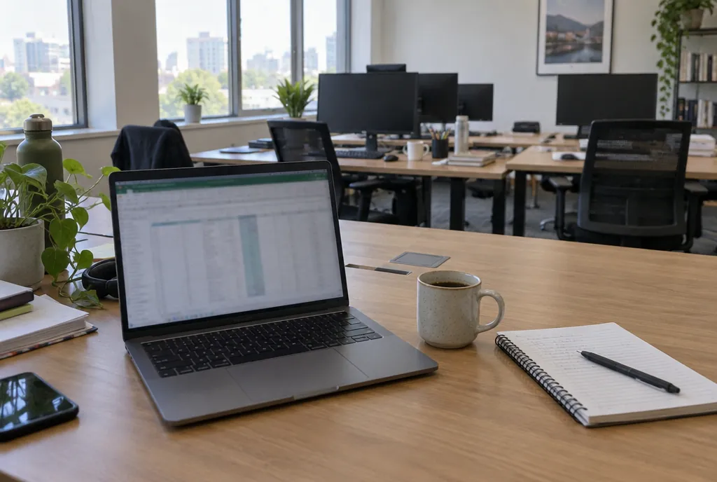 Een laptop met een spreadsheet en een mailprogramma naast een kop koffie en een notitieblok op een kantoortafel, met daglicht