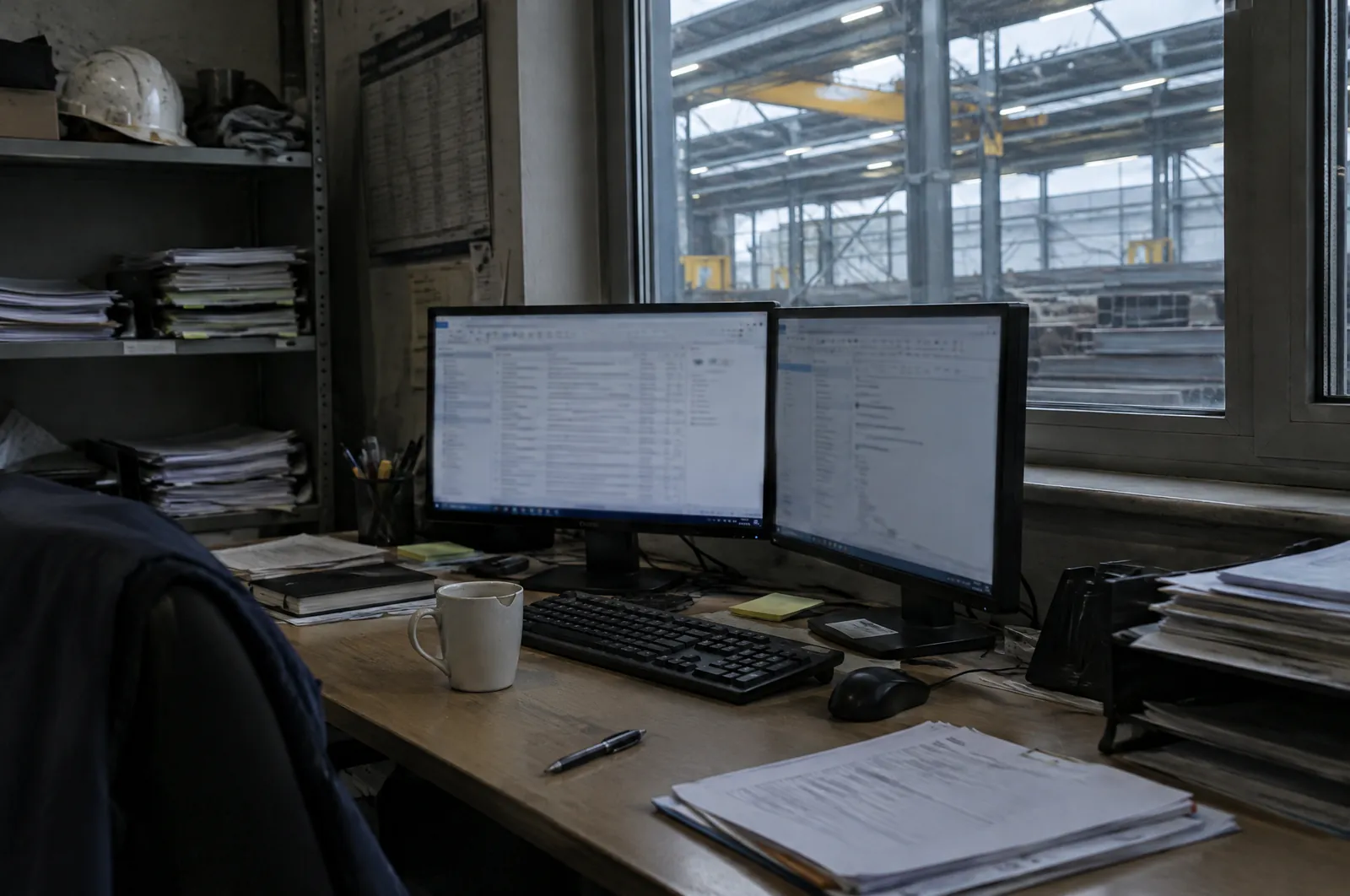 Kantoor bij een metaalbedrijf met twee schermen met een mailbox en een productiehal achter het raam