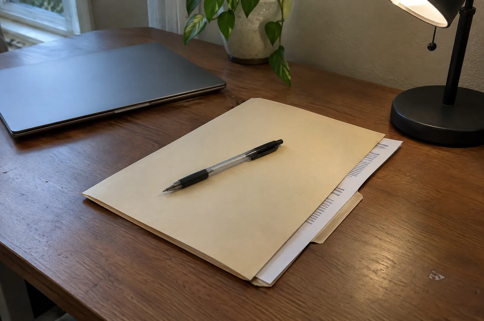 Map met een uitgeprinte overeenkomst en een pen op een bureau, naast een gesloten laptop