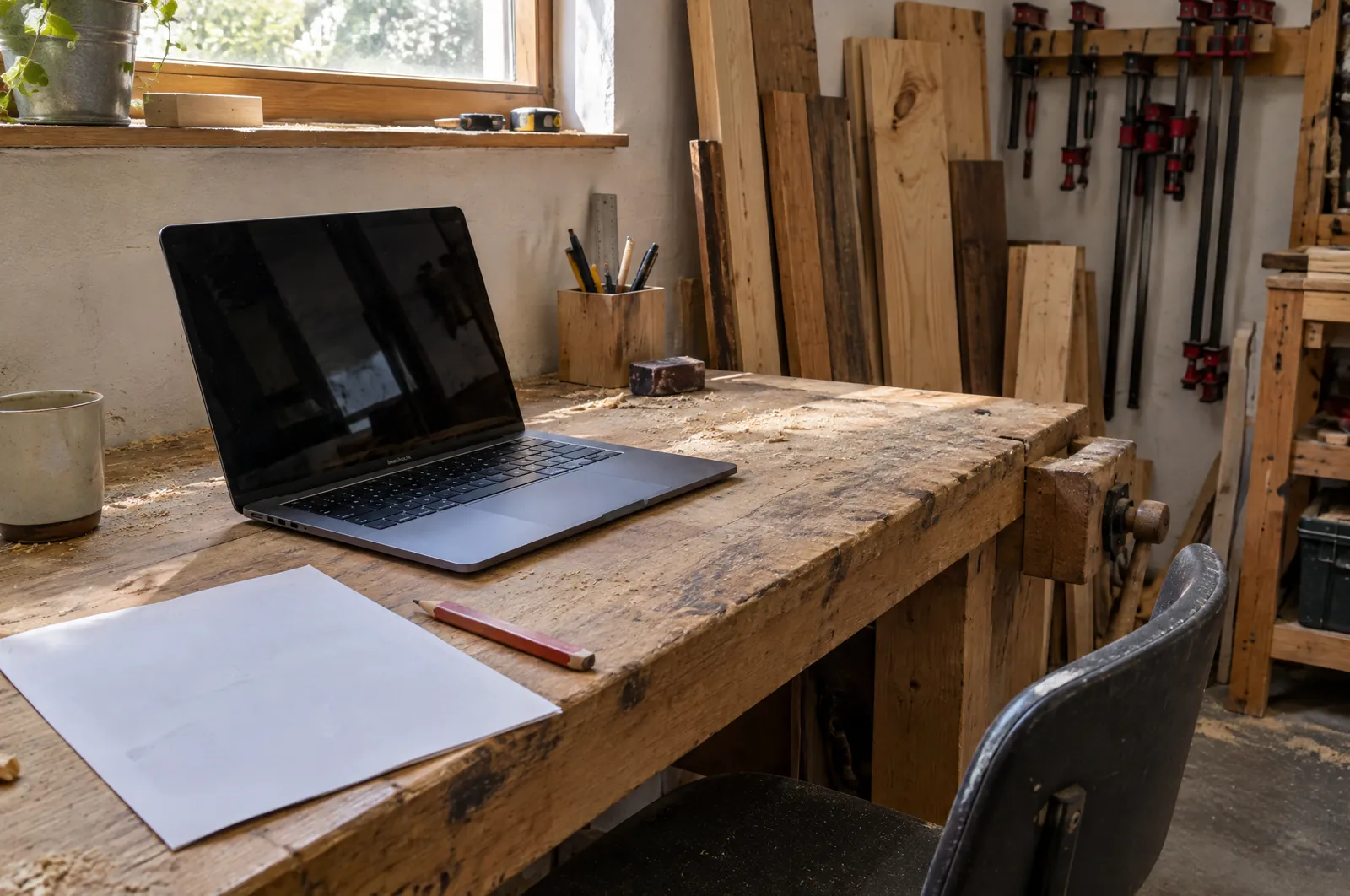 Laptop op een houten bureau met een lege documentopmaak, naast een omgedraaid prijsblad en een pen