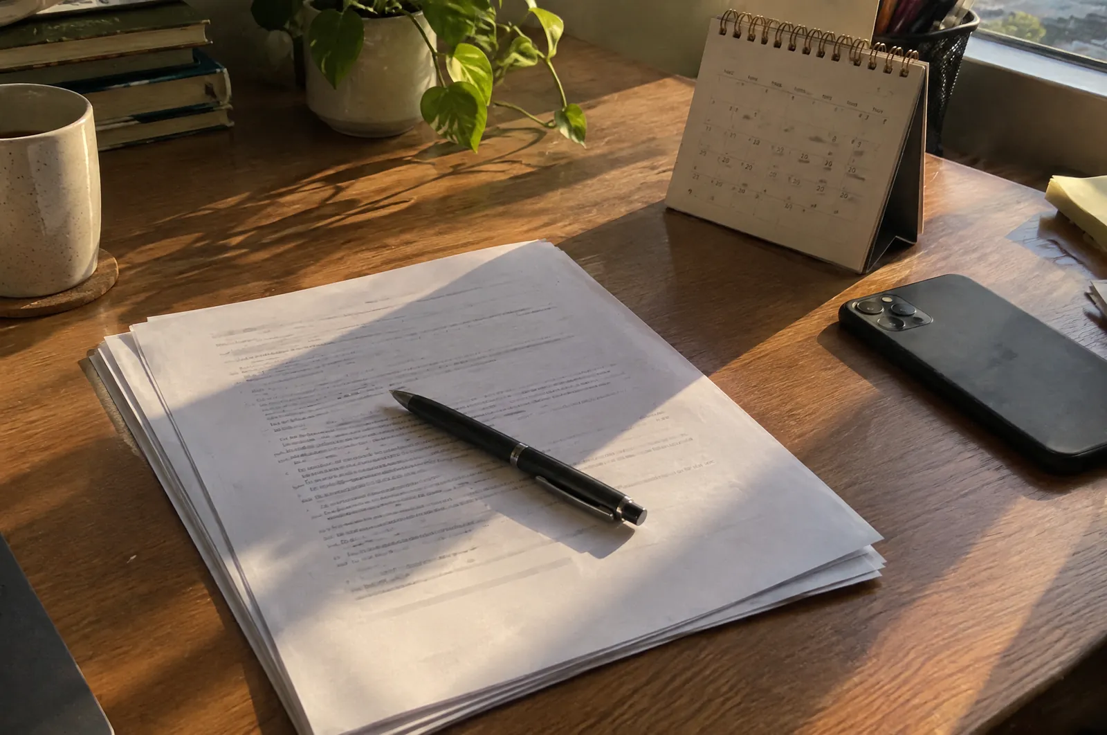 Uitgeprinte offerte met een pen en een agenda op een houten bureau