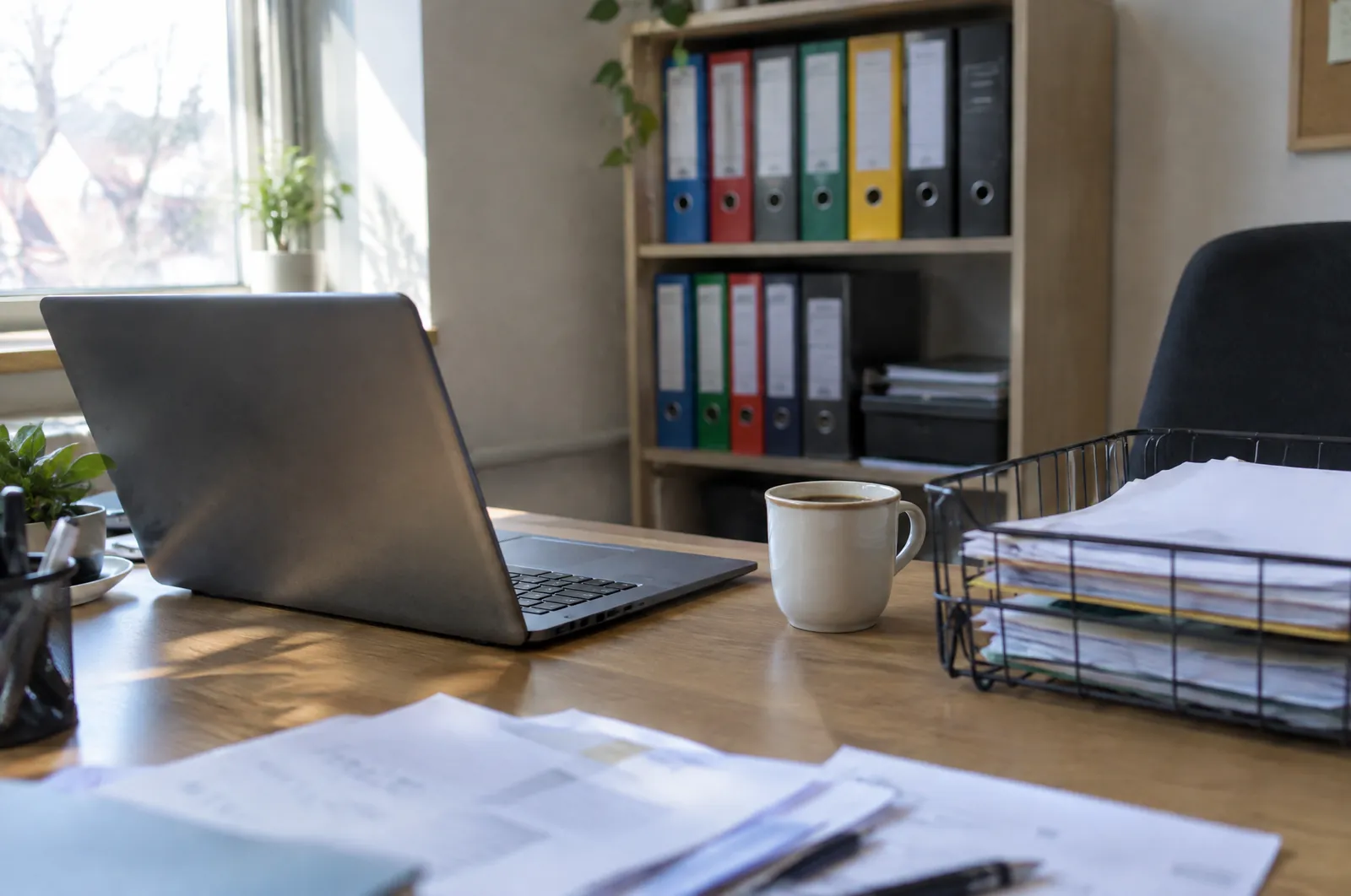 Laptop op een kantoorbureau naast een kleine stapel facturen en een kop koffie