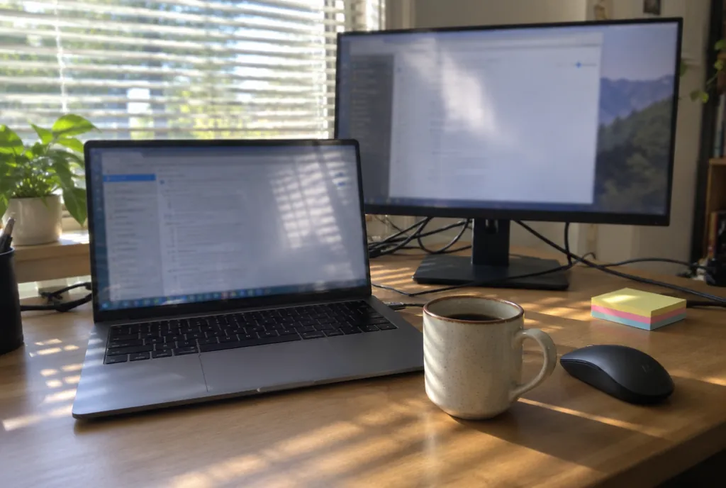 Laptop op een kantoorbureau naast een tweede scherm, beide met een abstract schema van verbonden blokken, een koffiemok en een draadloze muis ernaast