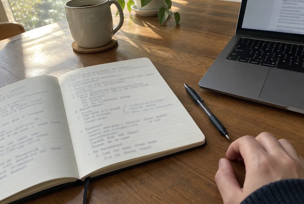 Een opengeslagen notitieboek met handgeschreven aantekeningen naast een laptop en een pen op een houten tafel, in ochtendlicht