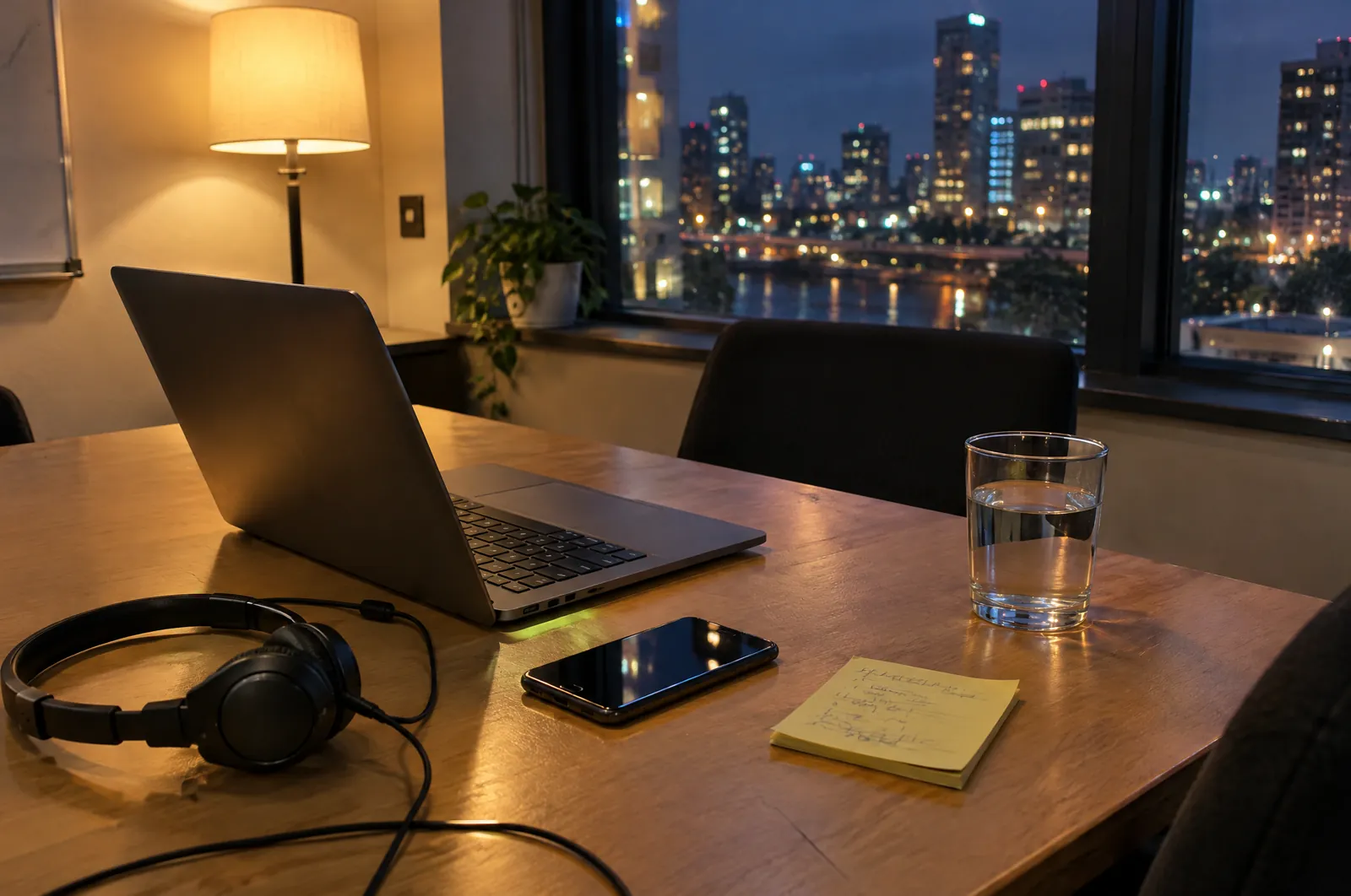 Headset en een smartphone naast een laptop op een bureau bij daglicht