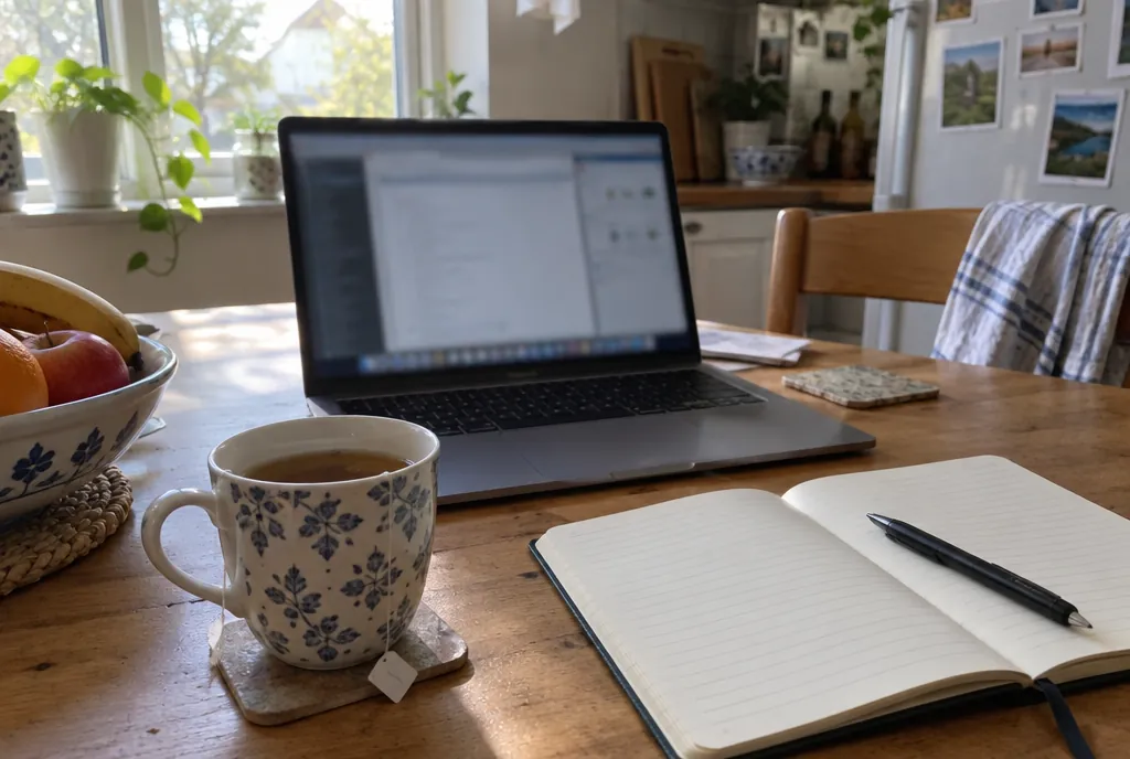 Een laptop op een keukentafel naast een kop thee en een opengeslagen notitieboek