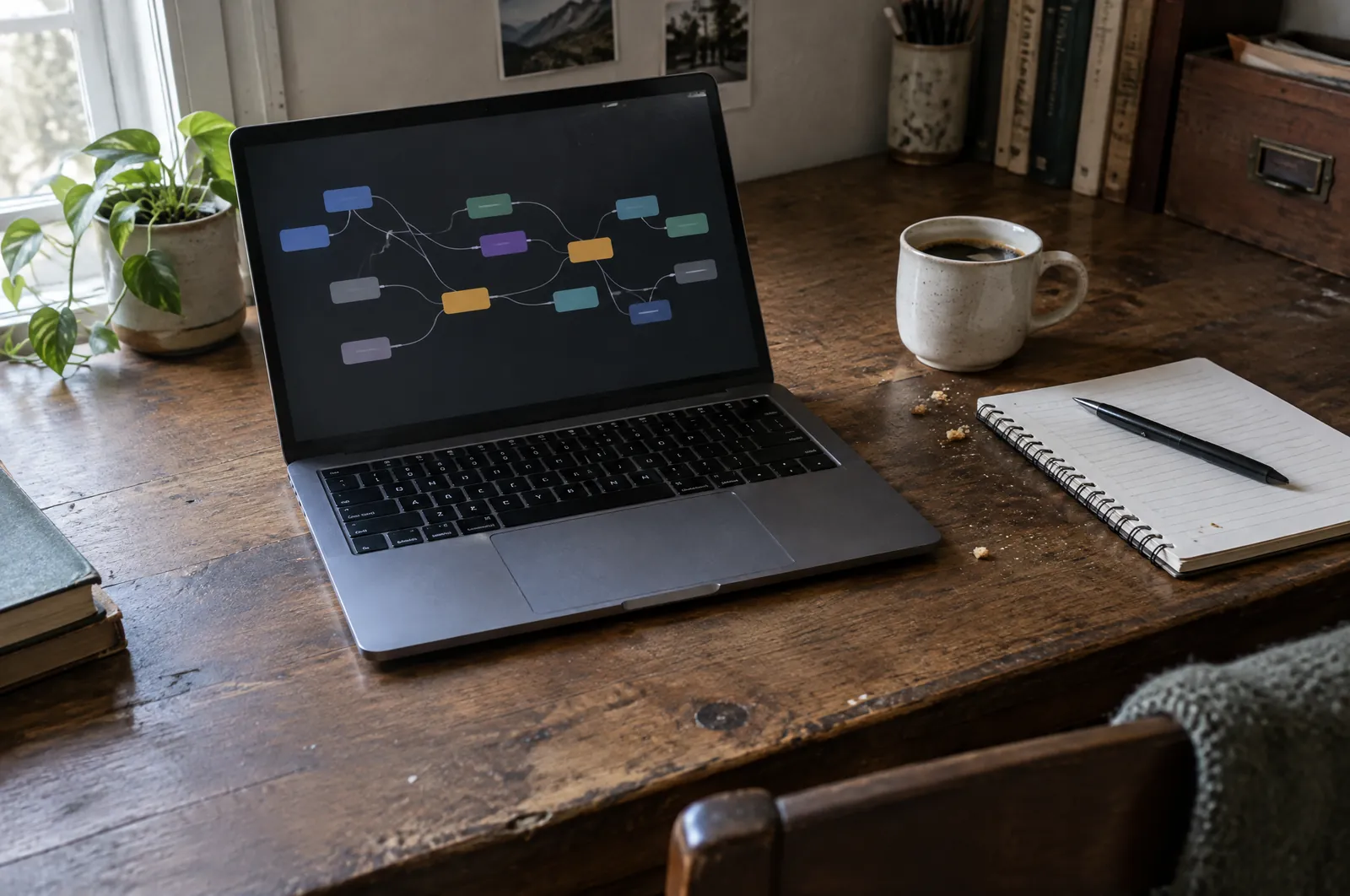 Laptop met een workflowschema op het scherm, naast een notitieblok en een kop koffie op een houten bureau