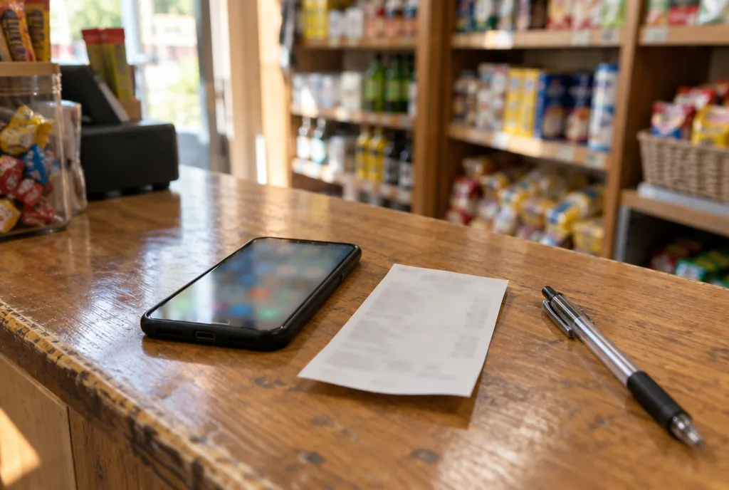 Een smartphone op een toonbank naast een kassabon en een pen in een kleine winkel