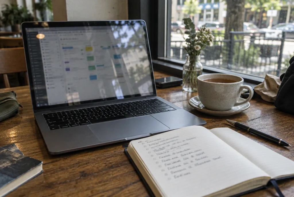Laptop op een bureau met een abstract schema van verbonden blokken op het scherm, een notitieblok met een lijst en een pen ernaast